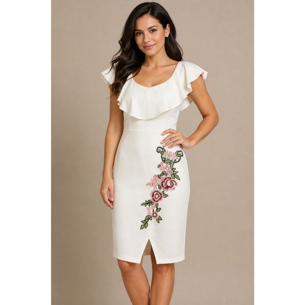 Premier Amour Dress Women Size 6 Ivory Floral Embroidered Ruffle Sleeve Cocktail